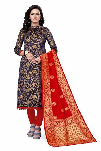 Attrective Look This Designer Wevon Jacquard Designer Dress Material In Fine Colored Top Paired With Dupatta Are Banarasi Jacquard Silk And Bottom Are Tapeta Silk. 