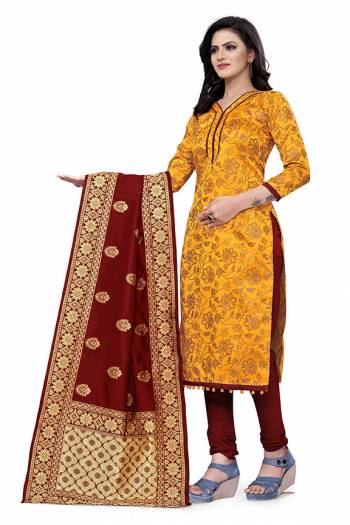 Attrective Look This Designer Wevon Jacquard Designer Dress Material In Fine Colored Top Paired With Dupatta Are Banarasi Jacquard Silk And Bottom Are Tapeta Silk. 