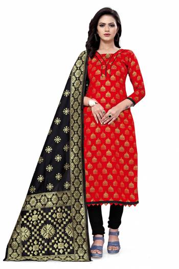 Attrective Look This Designer Wevon Jacquard Designer Dress Material In Fine Colored Top Paired With Dupatta Are Banarasi Jacquard Silk And Bottom Are Tapeta Silk. 