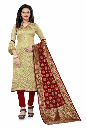 Garb This Designer Wevon Jacquard Designer Dress Material In Fine Colored Top Paired With Dupatta Are Banarasi Jacquard Silk And Bottom Are Tapeta Silk. 