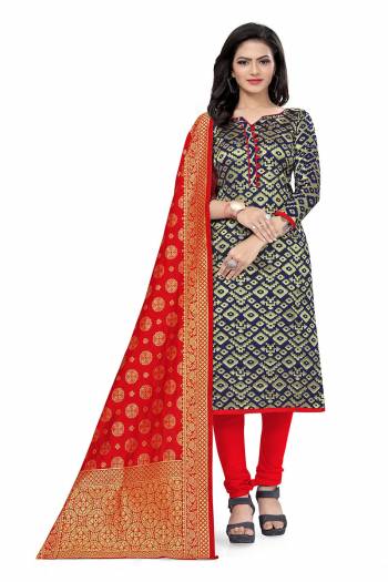 Garb This Designer Wevon Jacquard Designer Dress Material In Fine Colored Top Paired With Dupatta Are Banarasi Jacquard Silk And Bottom Are Tapeta Silk. 