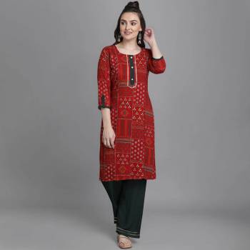 Simple and Elegant Looking Readymade Pair Of Kurti And Plazzo Is Here In Maroon Color, This Pretty Pair Is Fabricated On Rayon Beautified With Prints, Also It Is Available In All Regular Sizes.