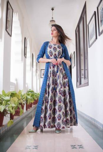 Flaunt Your Rich And Elegant Taste Wearing This Designer Readymade Long Gown In Blue Color. This  Pretty Gown Is Fabricated On Maslin Beautified With Digital Printed. Its Fabric Is Soft Towards Skin And Easy To Carry All Day Long. 