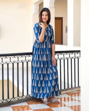 Flaunt Your Rich And Elegant Taste Wearing This Designer Readymade Long Gown In Blue Color. This  Pretty Gown Is Fabricated On Maslin Beautified With Digital Printed. Its Fabric Is Soft Towards Skin And Easy To Carry All Day Long. 