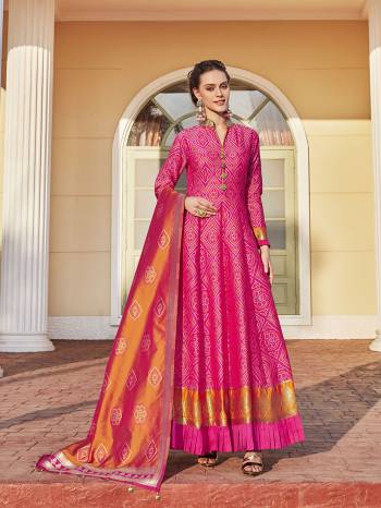 Look Pretty In This Beautiful Readymade Designer Floor Length Gown In Pink Color Paired With Multy Colored Dupatta. This Stitched Gown Are Jacquard And Dupatta Are jacquard bandhej Fabricated On  Beautified With Pretty Jacquard Work. Buy Now.