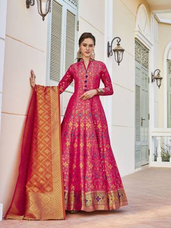 Look Pretty In This Beautiful Readymade Designer Floor Length Gown In Pink Color Paired With Orange Colored Dupatta. This Stitched Gown Are Jacquard And Dupatta Are Banarasi Silk Fabricated On  Beautified With Pretty Jacquard Work. Buy Now.