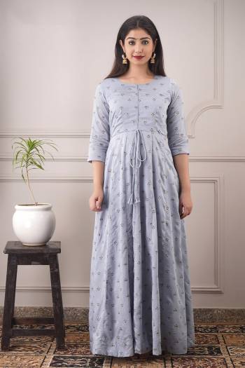 Your Rich And Elegant Taste Wearing This Hand Screen And Foil Printed Designer Readymade Long Gown In Steel Grey Color. This  Pretty Gown Is Fabricated On Chanderi with Cotton Crepe Inner Beautified. Its Fabric Is Soft Towards Skin And Easy To Carry All Day Long. 