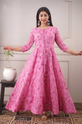 Your Rich And Elegant Taste Wearing This Hand Screen And Foil Printed Designer Readymade Long Gown In Pink Color. This  Pretty Gown Is Fabricated On Chanderi with Cotton Crepe Inner Beautified. Its Fabric Is Soft Towards Skin And Easy To Carry All Day Long. 