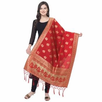 Enhance The Look Of Your Gown, Lehenga Or Even Kurti With This Pretty Wevon Designer Jacquard Fabricated Dupatta. You Can Pair This Up Same Or Contrasting Colored Attire. Buy Now.