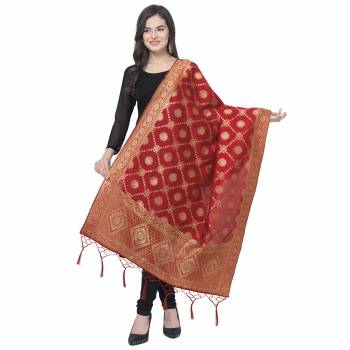 Enhance The Look Of Your Gown, Lehenga Or Even Kurti With This Pretty Wevon Designer Jacquard Fabricated Dupatta. You Can Pair This Up Same Or Contrasting Colored Attire. Buy Now.