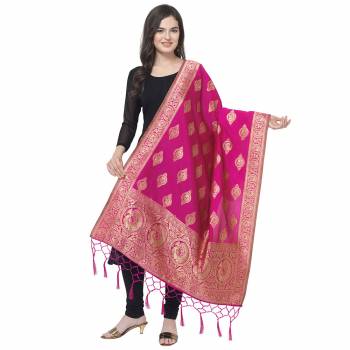 Enhance The Look Of Your Gown, Lehenga Or Even Kurti With This Pretty Wevon Designer Jacquard Fabricated Dupatta. You Can Pair This Up Same Or Contrasting Colored Attire. Buy Now.