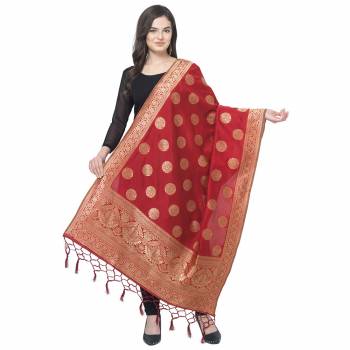 Enhance The Look Of Your Gown, Lehenga Or Even Kurti With This Pretty Wevon Designer Jacquard Fabricated Dupatta. You Can Pair This Up Same Or Contrasting Colored Attire. Buy Now.