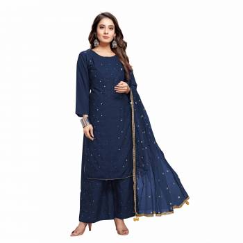 Grab This Designer Mirror Embroidery Readymade Dress In Blue Colored Top Paired With Bottom And Dupatta. This Dress Material Is Rayon Based Paired With Top And Botton And Net Designer Fabricated Dupatta With Sequance Work And Border With Latkan .