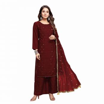 Grab This Designer Mirror Embroidery Readymade Dress In Maroon Colored Top Paired With Bottom And Dupatta. This Dress Material Is Rayon Based Paired With Top And Botton And Net Designer Fabricated Dupatta With Sequance Work And Border With Latkan .