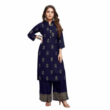 Attrective Looking Readymade Pair Of Kurti And Plazzo Is Here In Nevy Blue Color, This Pretty Pair Is Fabricated On Rayon Beautified With Foil Printed, Also It Is Available In All Regular Sizes.