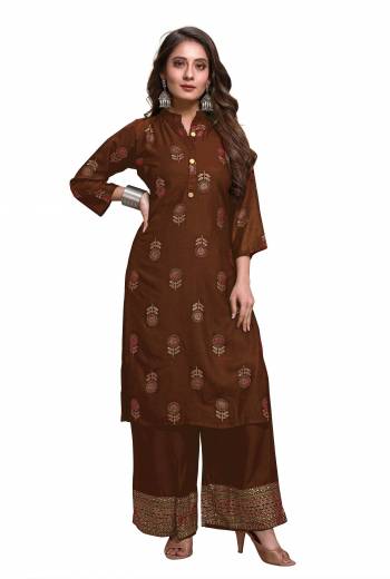 Attrective Looking Readymade Pair Of Kurti And Plazzo Is Here In Brown Color, This Pretty Pair Is Fabricated On Rayon Beautified With Foil Printed, Also It Is Available In All Regular Sizes.