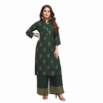 Attrective Looking Readymade Pair Of Kurti And Plazzo Is Here In Green Color, This Pretty Pair Is Fabricated On Rayon Beautified With Foil Printed, Also It Is Available In All Regular Sizes.