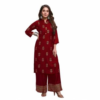 Attrective Looking Readymade Pair Of Kurti And Plazzo Is Here In Maroon Color, This Pretty Pair Is Fabricated On Rayon Beautified With Foil Printed, Also It Is Available In All Regular Sizes.