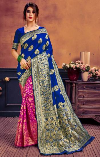 Celebrate This Festive Season In This Very Pretty Dark Colored Designer Saree Paired With Blouse. This Saree and Blouse Are Litchi Silk Based Beautified With Detailed Wevon Jacquard Half Half Designer Saree. 