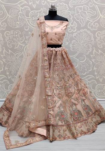 Attrective Look Heavy Designer Lehenga Choli And Dupatta In Peach Color Fabricated With Heavy Attractive Jari,Dori Embroidery With Diamond Work. 