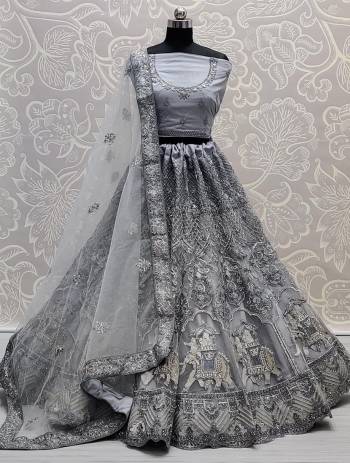 Attrective Look Heavy Designer Lehenga Choli And Dupatta In Grey Color Fabricated With Heavy Attractive Jari,Dori Embroidery With Diamond Work. 