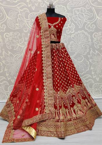 Attrective Look Heavy Designer Lehenga Choli And Dupatta In Red Color Fabricated Choli And Lehenga Are Velvet And Dupatta Are Soft Net With Heavy Attractive Jari,Dori Embroidery With Diamond Work. 