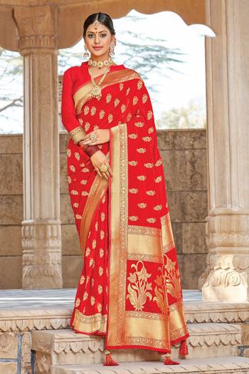 Celebrate This Festive Season In This Very Pretty Red Colored Designer Saree Paired With Blouse. This Saree and Blouse Are Silk Based Beautified With Detailed Wevon Designer Work. 