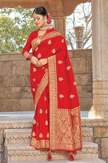 Celebrate This Festive Season In This Very Pretty Red Colored Designer Saree Paired With Blouse. This Saree and Blouse Are Silk Based Beautified With Detailed Wevon Designer Work. 