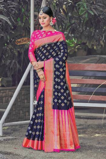 Look Attractive Wearing This Fine Colored Saree Paired With Contrasted Colored Blouse.  This Heavy Designer Wevon Saree Is Silk Based Which Gives A Rich Look To Your Personality. Buy This Pretty Saree Now.