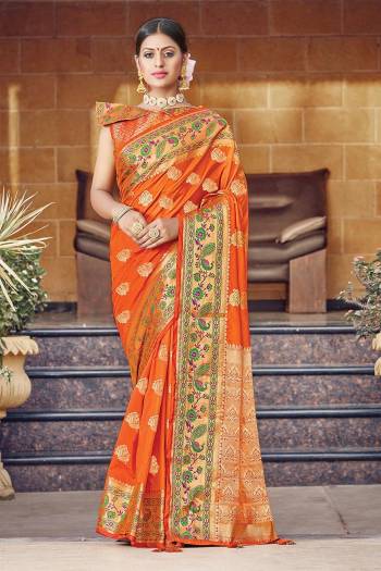 Adorn The Pretty Angelic Look Wearing This Heavy Wevon Jacquard Designer Saree In Fine Color Paired With Blouse. This Saree Is Fabricated On Silk Paired With Silk Fabricated Blouse. Its Pretty Color Pallete Will Give An Attractive Look To Your Personality. 