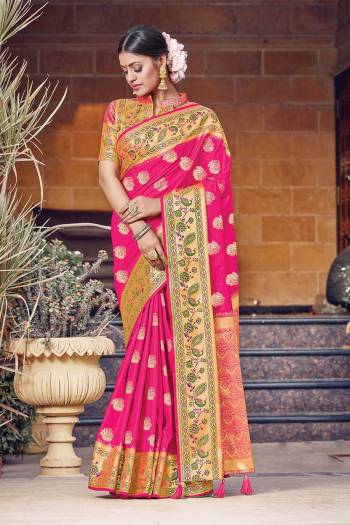 Adorn The Pretty Angelic Look Wearing This Heavy Wevon Jacquard Designer Saree In Fine Color Paired With Blouse. This Saree Is Fabricated On Silk Paired With Silk Fabricated Blouse. Its Pretty Color Pallete Will Give An Attractive Look To Your Personality. 