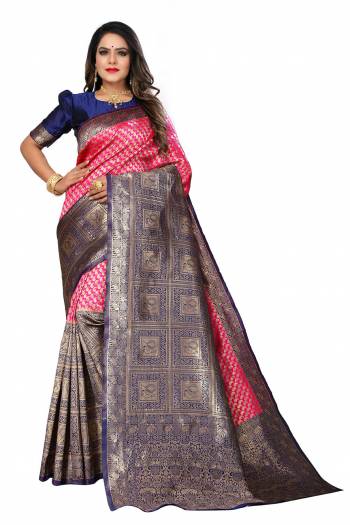 Garb The Pretty Angelic Look Wearing This Heavy Weving Jacquard Designer Saree In Fine Color Paired With Blouse. This Saree Is Fabricated On Banarasi Silk Paired With Banarasi Silk Fabricated Blouse. Its Pretty Color Pallete Will Give An Attractive Look To Your Personality. 