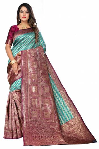 Garb The Pretty Angelic Look Wearing This Heavy Weving Jacquard Designer Saree In Fine Color Paired With Blouse. This Saree Is Fabricated On Banarasi Silk Paired With Banarasi Silk Fabricated Blouse. Its Pretty Color Pallete Will Give An Attractive Look To Your Personality. 