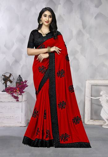 Look Attractive Wearing This Fine Dusty Colored Saree Paired With Black Colored Blouse.  This Heavy Designer Resham Embroidery,Black Stone, Moti Work With Heavy Black Border Saree Is Vichitra Silk Based Which Gives A Rich Look To Your Personality. Buy This Pretty Saree Now.