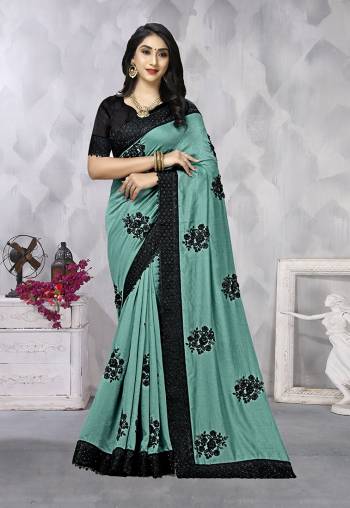 Look Attractive Wearing This Fine Dusty Colored Saree Paired With Black Colored Blouse.  This Heavy Designer Resham Embroidery,Black Stone, Moti Work With Heavy Black Border Saree Is Vichitra Silk Based Which Gives A Rich Look To Your Personality. Buy This Pretty Saree Now.