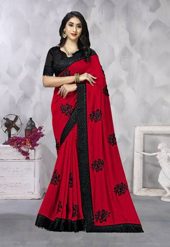 Look Attractive Wearing This Fine Dusty Colored Saree Paired With Black Colored Blouse.  This Heavy Designer Resham Embroidery,Black Stone, Moti Work With Heavy Black Border Saree Is Vichitra Silk Based Which Gives A Rich Look To Your Personality. Buy This Pretty Saree Now.