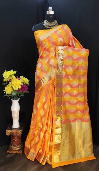 Adorn The Pretty Angelic Look Wearing This Heavy Jari Weving Designer Saree In Fine Color Paired With Blouse. This Saree Is Fabricated On Soft Silk Paired With Soft Silk Fabricated Blouse. Its Pretty Color Pallete Will Give An Attractive Look To Your Personality. 