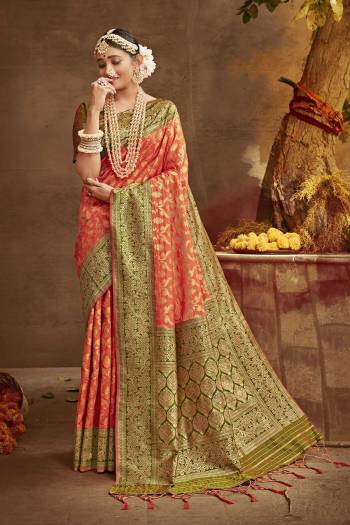 Celebrate This Festive Season In This Very Pretty Fine Colored Designer Saree Paired With Contrasting Blouse. This Saree and Blouse Are Banarasi Silk Based Beautified With Detailed Wevon Heavy Deasigner Work. 