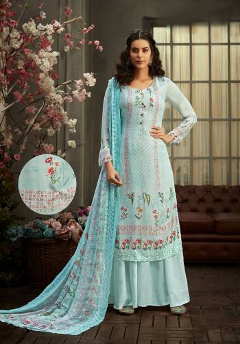 Get Ready For The Upcoming Festive And Wedding Season With This Designer Suit In Fine Light Color Paired With Dupatta. Its Heacy Digital Printed With Jari And Swaroski Work Top Is Fabricated On Viscose Bemberg Georgette Paired With Santoon Bottom And Viscose Bemberg Chiffon Fabricated Dupatta. Buy this Suit Now.