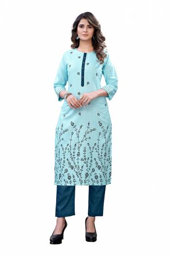 Grab This Designer Readymade Long Kurti With Pant In Fine Color Fabricated On Slab Cotton. It Is Beautified With Foil Prints And You Can Pair This Up For A Festive Look. Buy Now.