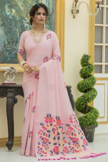 Rich Look This Pretty Elegant Looking Designer Party Wear Saree In Light Color Paired With Blouse. This Saree And Blouse Are Linen Cotton Based With Fanct Designer Printed Beautified Saree. Buy Now.