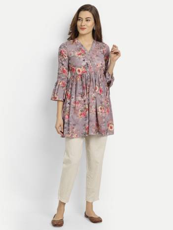 Grab This Designer Readymade Kurti In Dusty Color Fabricated On Poly Crepe. It Is Beautified With Floral Digital Printed And You Can Pair This Up For A Festive Look. Buy Now.