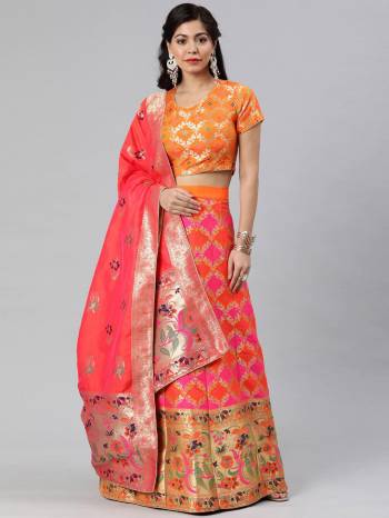 Traditional Look This Heavy Designer Lehenga Choli In All Over Color. This Heavy Wevon Designer Jacquard Work Lehenga Choli And Dupatta Is Banarasi Silk Based Paired, It Is Beautified With Lovely Attractive Look.