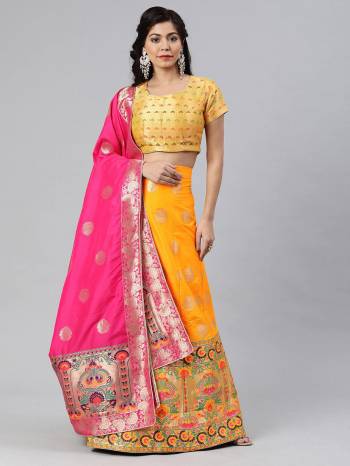 Traditional Look This Heavy Designer Lehenga Choli In All Over Color. This Heavy Wevon Designer Jacquard Work Lehenga Choli And Dupatta Is Banarasi Silk Based Paired, It Is Beautified With Lovely Attractive Look.