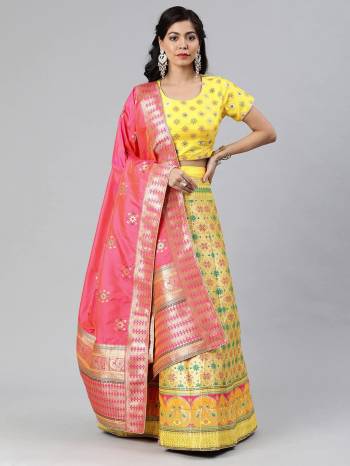 Traditional Look This Heavy Designer Lehenga Choli In All Over Color. This Heavy Wevon Designer Jacquard Work Lehenga Choli And Dupatta Is Banarasi Silk Based Paired, It Is Beautified With Lovely Attractive Look.