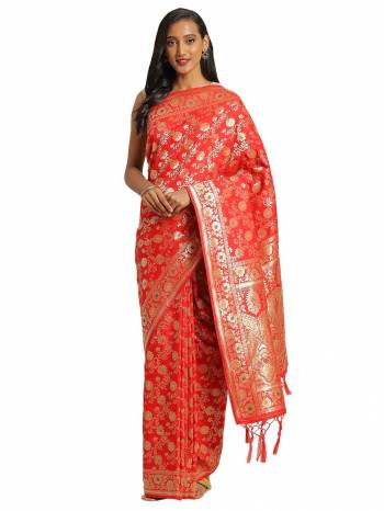 Celebrate This Festive Season In This Very Pretty Fine Colored Designer Saree Paired With Contrasting Blouse. This Saree and Blouse Are Banarasi Silk Based Beautified With Detailed Wevon Heavy Deasigner Work. 