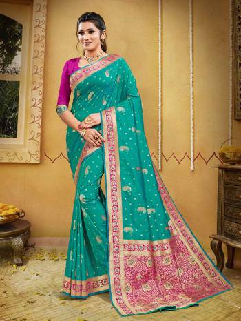 Garb This Pretty Angelic Look Wearing This Heavy Wevon Jacquard Designer Saree In Fine Color Paired With Contrasted Colored Blouse. This Saree Is Fabricated On Banarasi Silk Paired With Blouse. Its Pretty Color Pallete Will Give An Attractive Look To Your Personality. 