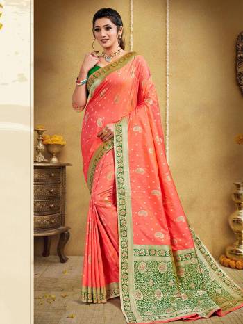 Garb This Pretty Angelic Look Wearing This Heavy Wevon Jacquard Designer Saree In Fine Color Paired With Contrasted Colored Blouse. This Saree Is Fabricated On Banarasi Silk Paired With Blouse. Its Pretty Color Pallete Will Give An Attractive Look To Your Personality. 