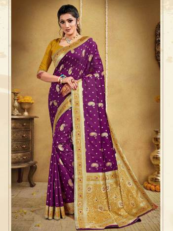 Garb This Pretty Angelic Look Wearing This Heavy Wevon Jacquard Designer Saree In Fine Color Paired With Contrasted Colored Blouse. This Saree Is Fabricated On Banarasi Silk Paired With Blouse. Its Pretty Color Pallete Will Give An Attractive Look To Your Personality. 