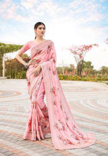 Rich Look This Pretty Elegant Looking Designer Party Wear Saree In Fine Light Color Paired With Blouse. This Saree Are Satin Silk And Blouse Are Banlori Silk With Digital Printed,Multy Embroidery,Swaroski Stone Work With  Embroidery Work Blouse Beautified Saree. Buy Now.